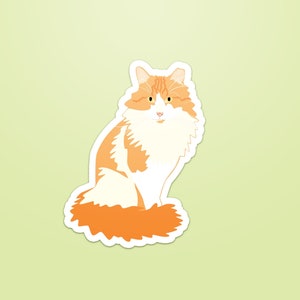 May include: A sticker of a white and orange cat with a fluffy tail sitting on a light green background.