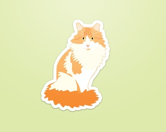 May include: A sticker of a white and orange cat with a fluffy tail sitting on a light green background.