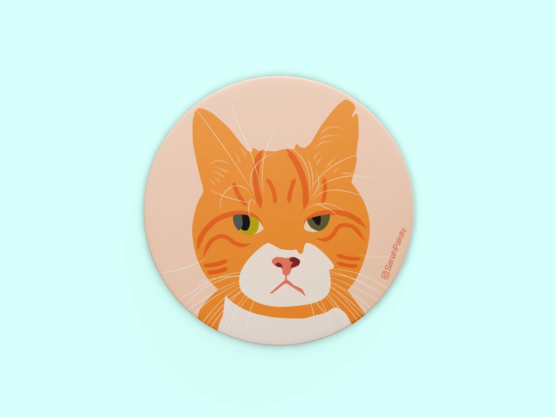 May include: A round orange and white cat face with green eyes and a pink nose. The cat is looking directly at the viewer with a serious expression. The background is a light peach color. The text "@SarahPolkay" is in the lower right corner of the image.