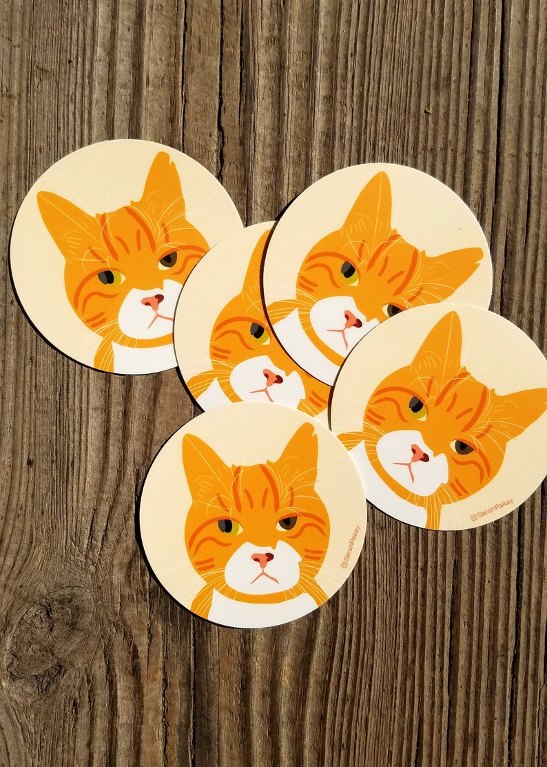 May include: Five round orange and white cat coasters with a cartoon cat face on each. The cat has orange fur, white whiskers, and a white chest. The background of the coasters is a light yellow.