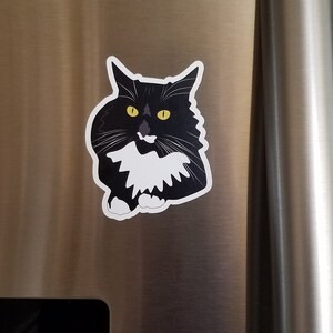 May include: A black and white cat with yellow eyes is depicted in a cartoon style on a silver fridge. The cat is looking directly at the viewer.