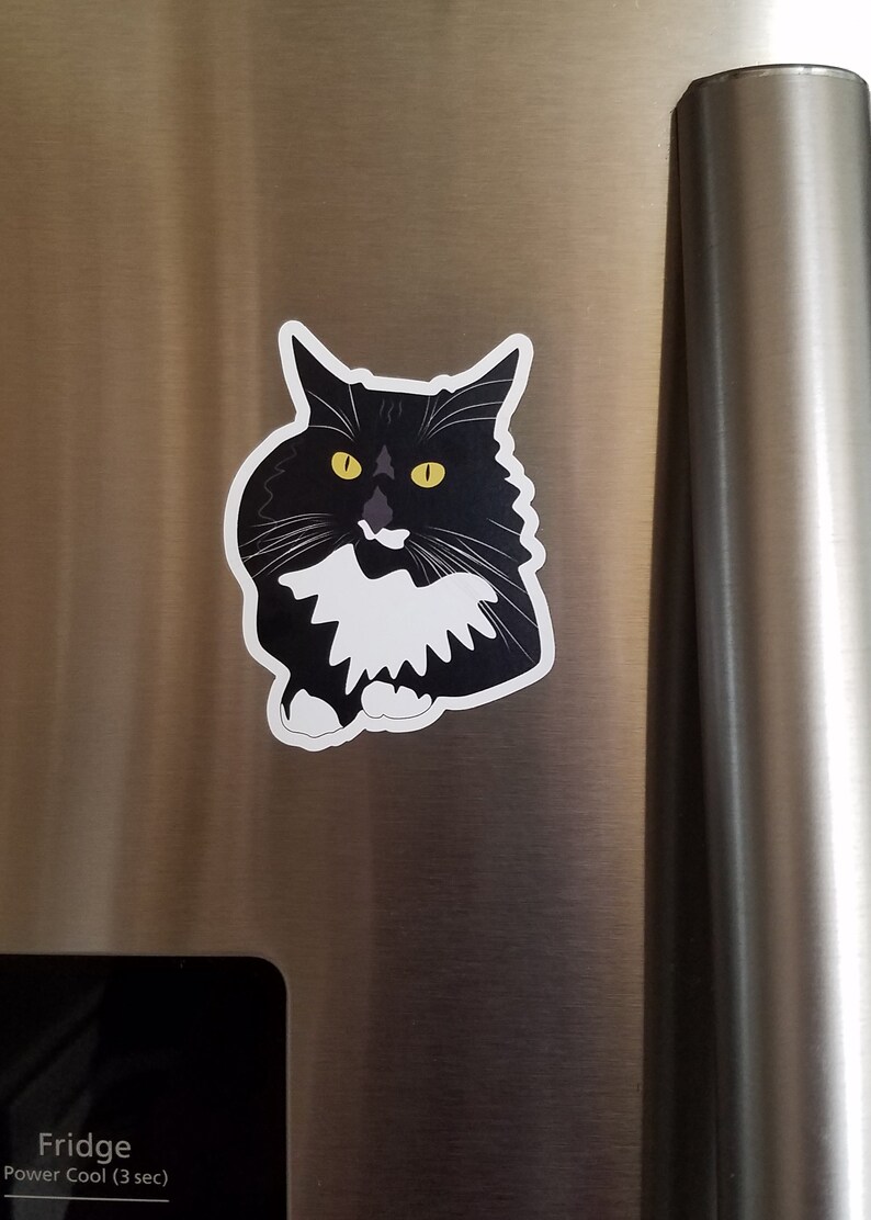 May include: A black and white cat with yellow eyes is depicted in a cartoon style on a silver fridge. The cat is looking directly at the viewer.