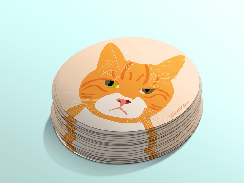 May include: A stack of round stickers featuring a cartoon orange tabby cat with green eyes. The cat has a grumpy expression and is looking directly at the viewer. The sticker has the text "@SarahPakay" in the bottom right corner.