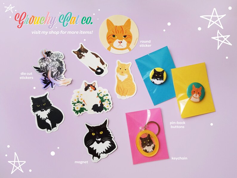 May include: A collection of cat-themed stickers, magnets, and pin-back buttons. The items feature illustrations of cats with different expressions and colors. The text "Grouchy Cat co. visit my shop for more items!" is visible at the top of the image.