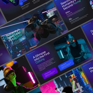 May include: A collection of futuristic presentation slides with a dark background and neon accents. The slides feature text about space exploration, including "Humanity's Great Leap into Space" and "Designing Habitats for Alien Worlds."