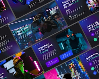 May include: A collection of futuristic presentation slides with a dark background and neon accents. The slides feature text about space exploration, including "Humanity's Great Leap into Space" and "Designing Habitats for Alien Worlds."