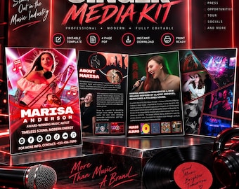 Puede incluir: Una plantilla de kit de prensa profesional para cantantes con un esquema de color rojo y negro. El diseño incluye secciones de texto para Marisa Anderson, marca musical e información de contacto, junto a un disco de vinilo y un micrófono.