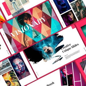 Op de afbeelding: Een verzameling presentatiedia's met een roze rand. De dia's bevatten afbeeldingen van mensen, abstracte kunst en tekst. Het woord "VISIONARY" staat prominent op één dia. Andere dia's bevatten de tekst "Creative Unique Slides".
