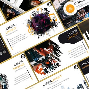May include: Presentation slides with a music theme, featuring the word "LYRICS" in different layouts. Musical notes and images of recording equipment are also present. The colour scheme includes black, gold, and white.