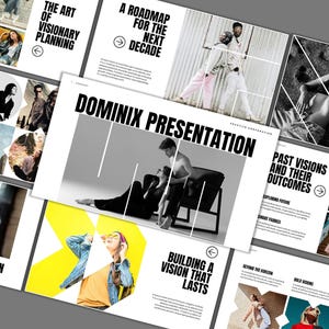 Może przedstawiać: Układ prezentacji z tytułem "DOMINIX PRESENTATION" pogrubioną czarną czcionką. Układ zawiera obrazy ludzi i bloki tekstowe z frazami takimi jak "Building a Vision That Lasts" i "A Roadmap for the Next Decade."