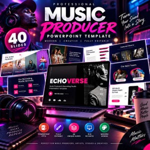 PowerPoint-Vorlage für Musik, Präsentation für Tonstudios, Portfolio für Musikproduzenten, Folien für DJs, Künstler, Musikdienstleister & Medienpaket
