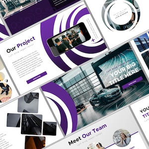 Könnte beinhalten: Eine digitale Marketingpräsentation mit einem lila und weißen Design. Die Präsentation enthält den Text "Our Project", "Your Big Title Here" und "Meet Our Team". Bilder von Autos, Personen und Gebäuden sind ebenfalls enthalten.