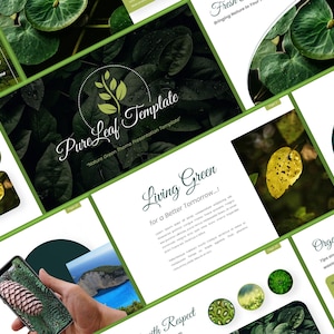 May include: A collection of green and white presentation slides with a nature theme. The slides feature text such as "Pure Leaf Template" and "Living Green". The image also includes a phone mockup and images of leaves and landscapes.