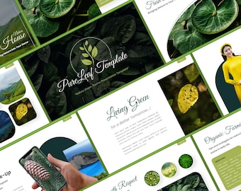 Puede incluir: Una colección de diapositivas de presentación verdes y blancas con un tema de naturaleza. Las diapositivas presentan texto como "Pure Leaf Template" y "Living Green". La imagen también incluye una maqueta de teléfono e imágenes de hojas y paisajes.