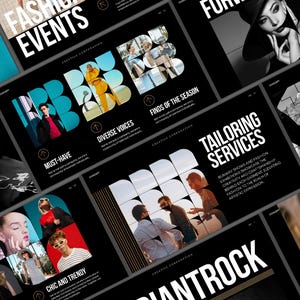 May include: A collection of black and white digital displays with fashion-related text and images. The text includes "Fashion Events", "Tailoring Services", and "Chic and Trendy". The images feature models and fashion photography.