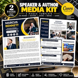 May include: A two-page speaker and author media kit template in Canva, featuring a dark blue and yellow color scheme. The layout includes sections for a biography, mission statement, and programs, with placeholder text and images of a professional.