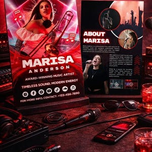 May include: A promotional poster for Marisa Anderson, an award-winning music artist. The poster features a photo of the artist with a trombone, and the text "Marisa Anderson" in large letters. The poster also includes contact information.