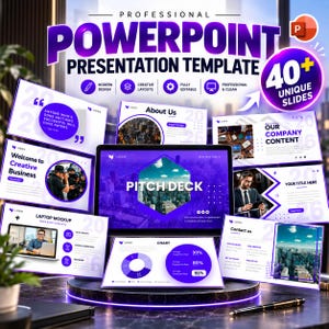 以下が含まれることがあります： プロフェッショナルなPowerPointプレゼンテーションテンプレート。中央のノートパソコン画面にピッチデッキが表示され、その周囲に白と紫の複数のスライドレイアウトが配置されています。デザインにはテキスト、グラフ、画像が含まれ、40種類以上のユニークなスライドを示す円形のバッジが付いています。