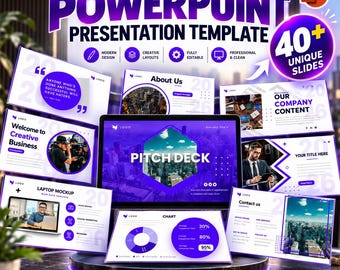 May include: A professional PowerPoint presentation template featuring a central laptop screen displaying a pitch deck, surrounded by multiple slide layouts in white and purple. The design includes text, charts, and imagery, with a circular badge indicating 40+ unique slides.