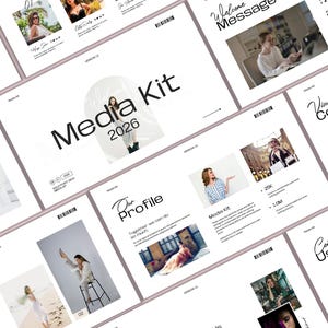 以下が含まれることがあります： 「Media Kit 2026」と題された白と薄いピンク色のプレゼンテーションスライドのコレクション。スライドには、人々の画像、テキスト、グラフィック要素が含まれています。「Media Kit」、「Brand」、「Profile」、「Welcome Message」、「Visual Concept」、「Contact Us」という言葉が表示されています。