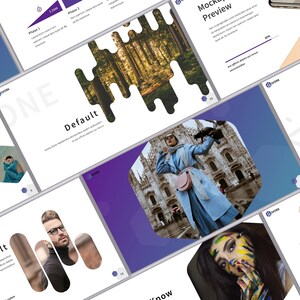 May include: A series of presentation slides with a contemporary design. The slides incorporate images of people, landscapes, and buildings. The colour palette includes blues, purples, and white, with a gradient effect. The slides are angled, creating a dynamic visual.