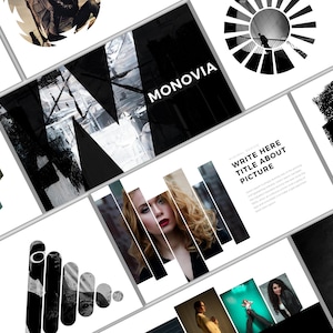 Peut inclure: Une composition de design avec des images et du texte sur fond blanc. Le mot "MONOVIA" est mis en évidence. La phrase "WRITE HERE TITLE ABOUT PICTURE" est répétée. L'ensemble présente une esthétique moderne et graphique, idéale pour la présentation.