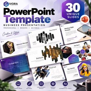 PowerPoint-mall, affärspresentation, modern PPTX, portfolio-presentation, redigerbara bildpresentationer, ljusa och mörka masterlayouter