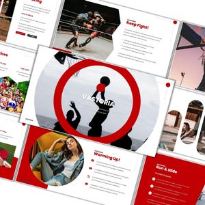 May include: A collection of red and white presentation slides with images of various sports, including boxing, basketball, and running. Text includes "Champion Prices", "Keep Fight!", and "Fair play is a Must". The brand name "VASTORIA" is also visible.