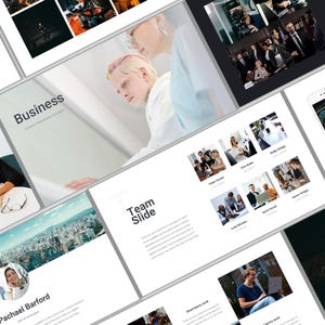 Puede incluir: Una colección de diapositivas de presentación de negocios con varios diseños. Las diapositivas presentan imágenes de personas trabajando, paisajes urbanos y texto. La palabra "Business" se muestra de forma destacada en una diapositiva.