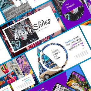 May include: A collection of PowerPoint presentation slides with a graffiti art theme. The slides feature colorful street art backgrounds, text overlays, and graphic elements. Text includes "Break Slides", "Our Portfolio", and quotes about art.