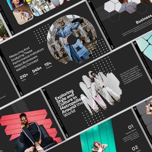 May include: A collection of dark gray presentation slides with images of people and text. The slides cover topics like business culture, market share, and style. Text includes "Measuring and Analyzing These Performance Indicators Helps Businesses Identify Concept."