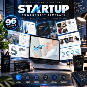 May include: A digital PowerPoint template for startups featuring 96 slides, displayed on a laptop screen surrounded by floating slide previews, a black pen holder with text, a black coffee cup, and stacked books labeled business, innovation, strategy, growth.