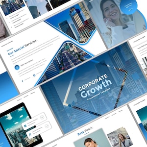 Pode incluir: Uma coleção de slides de apresentação com um tema corporativo. Os slides apresentam um esquema de cores azul e branco com imagens de paisagens urbanas e profissionais de negócios. O texto inclui "Corporate Growth" e "Our Special Services."