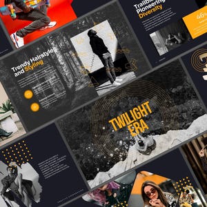 Może przedstawiać: Kolaż zdjęć o mrocznej tematyce, przedstawiający elementy mody i stylu życia. Tekst zawiera "Trendy Hairstyles and Styling" i "Twilight Era". Inne teksty to "Exploring Style and Culture in the Metropolises" i "Trailblazing Pioneering Diversity."