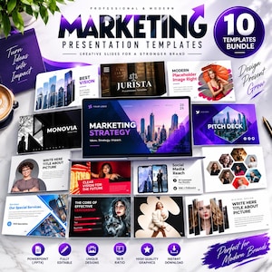 May include: A digital marketing presentation template bundle featuring 10 creative slide designs. The display shows a laptop screen with a marketing strategy layout surrounded by various slide previews, including text, imagery, and branding elements in purple and white.