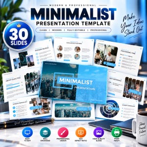 May include: A digital presentation template set featuring 30 slides with blue and white branding. The layout includes text such as MINIMALIST PRESENTATION TEMPLATE, Make Your Ideas Stand Out, and various business-themed slide designs with imagery.