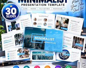 May include: A digital presentation template set featuring 30 slides with blue and white branding. The layout includes text such as MINIMALIST PRESENTATION TEMPLATE, Make Your Ideas Stand Out, and various business-themed slide designs with imagery.