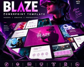 May include: A digital PowerPoint template titled BLAZE featuring a dark purple and neon pink color scheme. The graphic displays multiple slide layouts, a person wearing a VR headset, and icons for editable features, vector graphics, and slide dimensions.