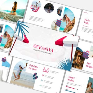 May include: A presentation template titled "OCEANIVA" with a beach theme. The design incorporates images of people in swimwear, beach accessories, and text elements like "3 Points of View" and "Model Series". The color scheme includes red, blue, and white.
