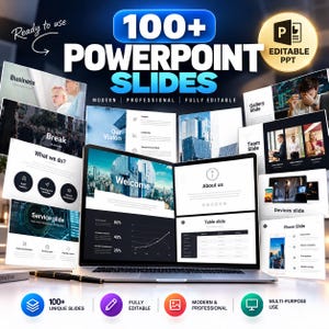 Op de afbeelding: Een digitale collectie van 100+ PowerPoint-dia's weergegeven op een laptopscherm en omliggende zwevende panelen. De dia's bevatten zakelijke lay-outs, grafieken en tekstkoppen zoals Welcome, About us en Table slide. Een gouden badge leest Editable PPT.