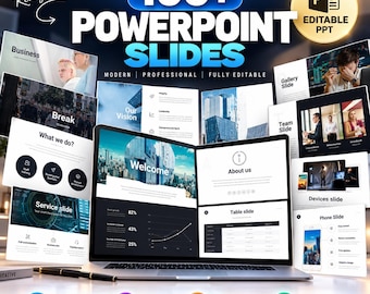 May include: A digital collection of 100+ PowerPoint slides displayed on a laptop screen and surrounding floating panels. The slides feature business layouts, charts, and text headers like Welcome, About us, and Table slide. A gold badge reads Editable PPT.