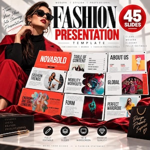 May include: A digital fashion presentation template featuring 45 slides with a red and white color scheme. The layout includes text headers like Fashion Presentation, Table of Content, About Us, and Global, alongside various fashion-themed imagery.