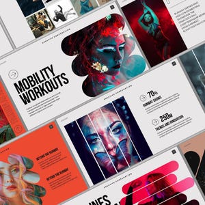 May include: A collection of presentation slides with a fashion theme. The slides feature images of models, artistic portraits, and text including "MOBILITY WORKOUTS", "RUNWAY SHOWS", and "TRENDS AND INNOVATION". The color palette includes red, orange, and white.