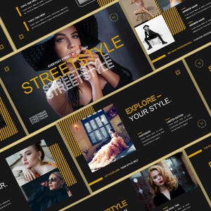 Puede incluir: Una colección de diapositivas de presentación en negro y dorado con el texto "STREETSTYLE" e imágenes de modelos. Las diapositivas incluyen las frases "EXPLORE - YOUR STYLE" y "THE BEST - STREET WEAR."
