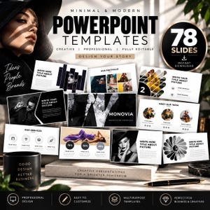 Op de afbeelding: Een digitale presentatiesjabloonset met 78 dia's met zwarte, witte en gouden accenten. De lay-out bevat diverse tijdelijke aanduidingen voor tekst en afbeeldingen, met professionele ontwerpelementen, typografie en een samenhangend thema.