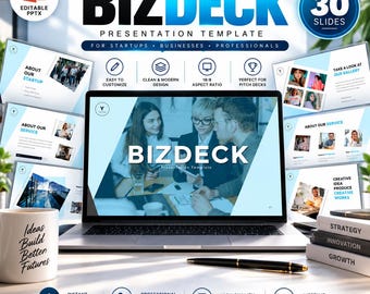 Modern Business PowerPoint Template, Editable PPTX Presentation, 30 Slides, Pitch Deck, Marketing Strategy, Startup & Corporate Report Deck