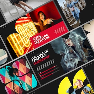 May include: A collection of black presentation slides with images and text. The slides feature the text "CLEAR VISION FOR THE FUTURE", "THE CORE OF EFFECTIVE LEADERSHIP", and "BEYOND IMAGINATION". The slides have a red and black color scheme.