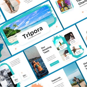 Könnte beinhalten: Eine Präsentationsvorlage mit dem Titel "Tripora" zum Thema Reisen. Das Design zeigt Bilder von Stränden, Menschen und Textfeldern mit Titeln wie "Unser tolles Team" und "Unser Reiseziel im Freien". Das Farbschema umfasst Blau, Weiß und Orange.