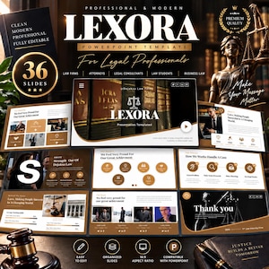 Può includere: Un modello di presentazione PowerPoint digitale intitolato LEXORA per professionisti legali, con 36 diapositive nei colori oro e nero, grafiche a tema legale, una bilancia della giustizia, un martelletto e layout per studi legali.