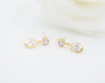 Dainty Oval Diamond Bezel Earrings, 14K Gold Filled, CZ Cubic Zirconia, Wedding Party Jewelry, Bride, Bridesmaid, Birthday Gift For Her